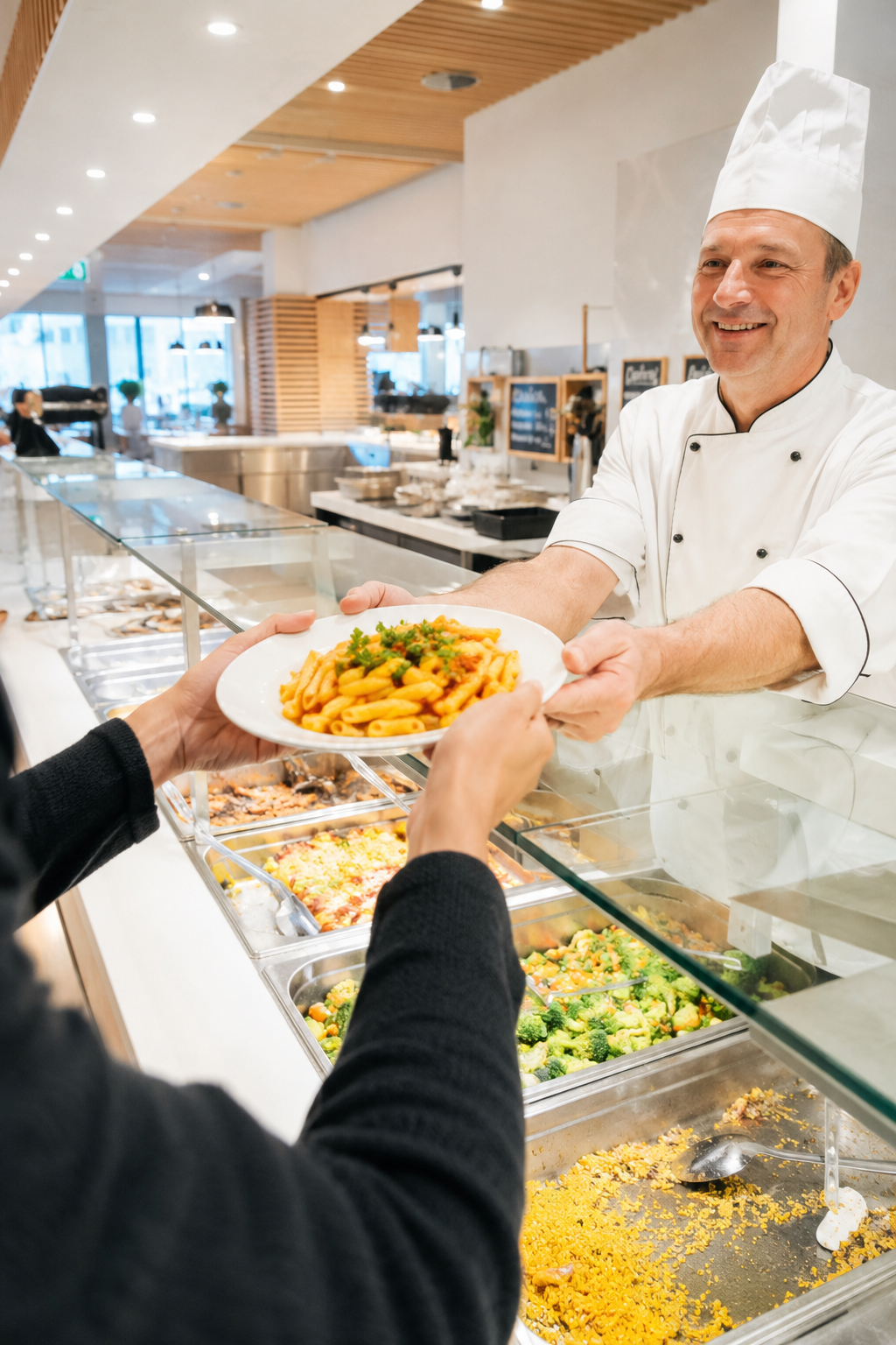 Koch an der Ausgabetheke einer modernen Mensa reicht einem Gast einen Teller Pasta als Symbol für Personalplanung in Großküchen